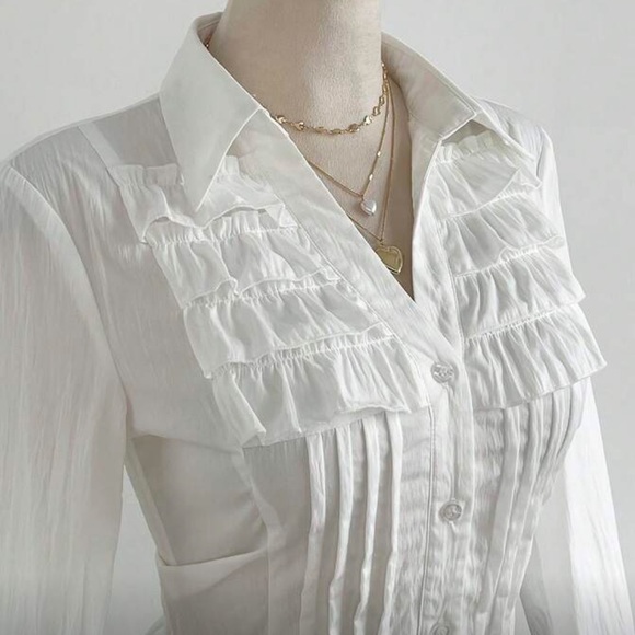 Chic White Ruffled Button-Down Shirt - Picture 2 of 12
